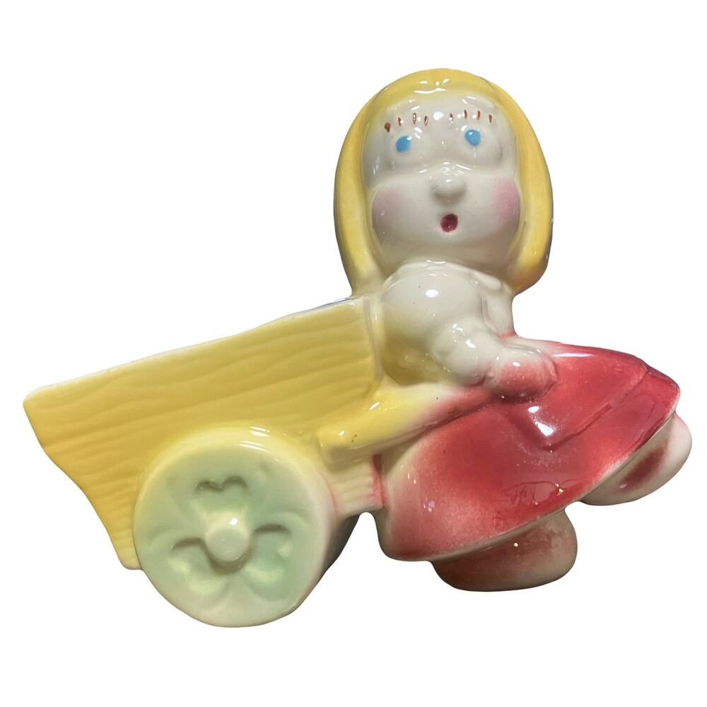 Dutch Girl Pulling Cart MCM 5" Planter Small Ceramic 40s-50s Clover Wheels VTG